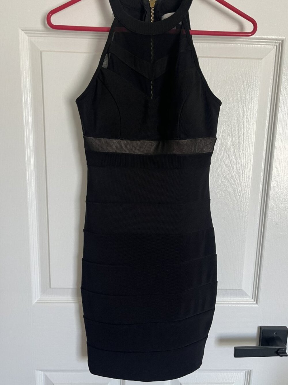 Emerald Sundae Black Bandage Bodycon Mesh Mini Dress XS Gold Zipper
